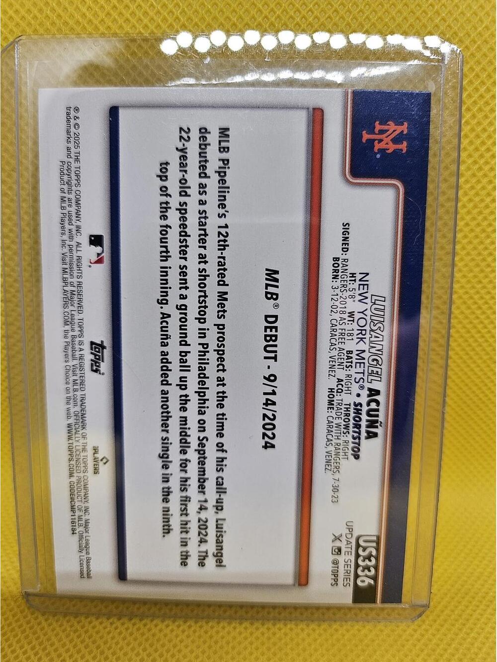 Luisangel Acuna  (RC) 2025 Topps Update  #US336 - Mets - RAW Mint - Picture 2 of 2